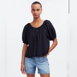 Madewell Women's Black Cotton-Blend Voile Puff Sleeve A-line Button‑Up Top | XS